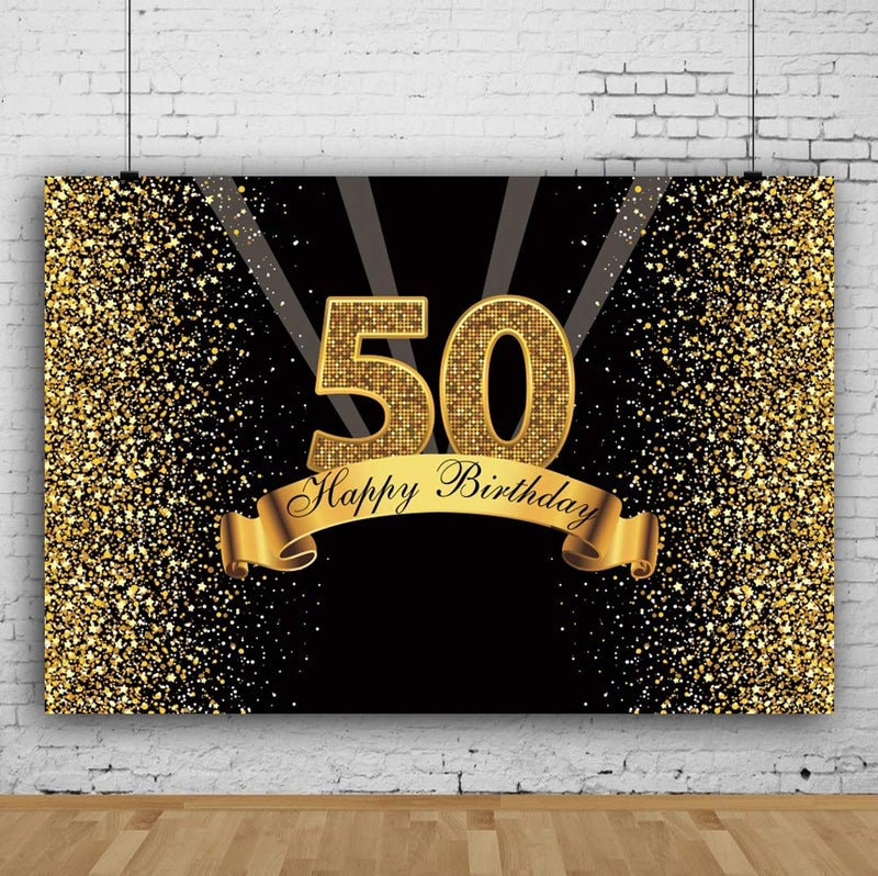Yeele 10x8ft 50Th Birthday Backdrop for Photography Glitter Gold and Black Background Happy Birthday Party Decoration Banner Celebration Adult Photo Booth Shoot Vinyl Studio Props - Image 3